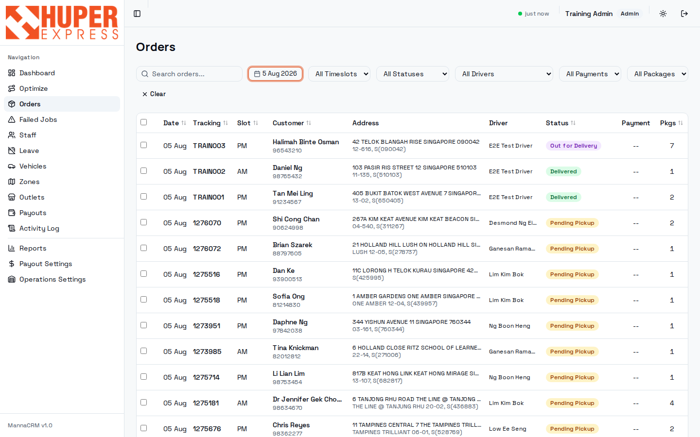 Orders table filtered to one day with drivers and mixed statuses
