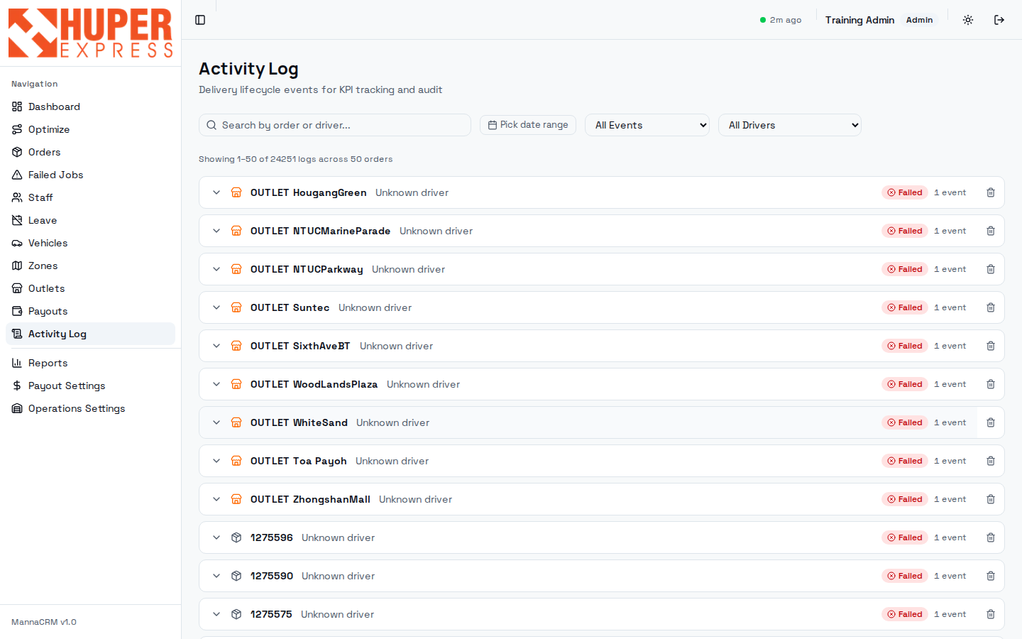 Activity log grouped by order
