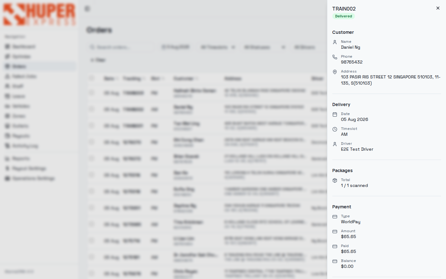 Order drawer top: delivered status, customer, delivery, packages, payment