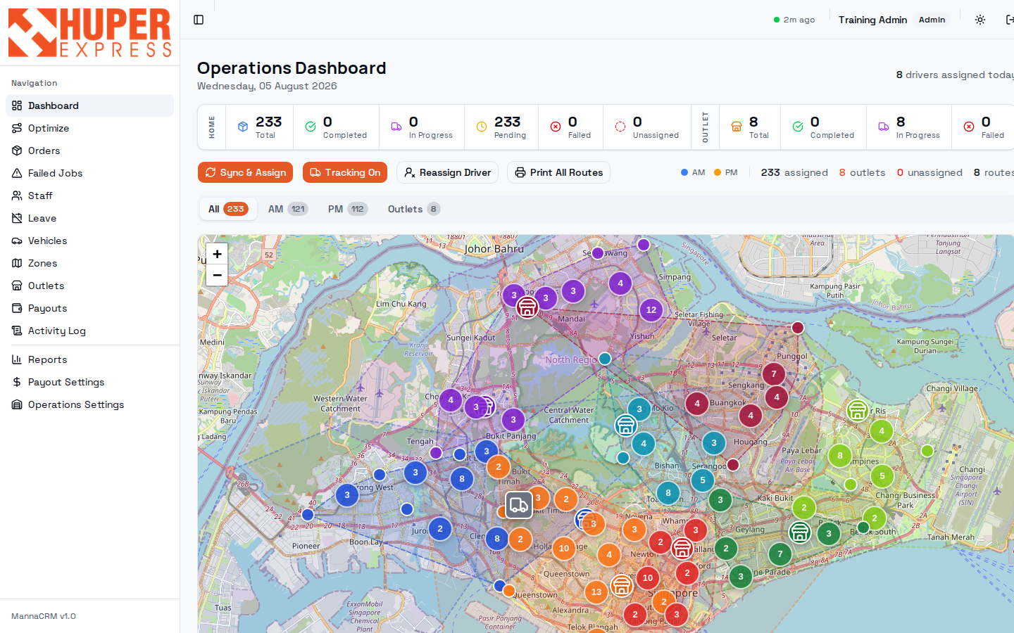 Dashboard with live tracking enabled and a driver van icon on the map