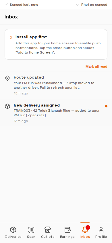 Inbox with notifications and install prompt